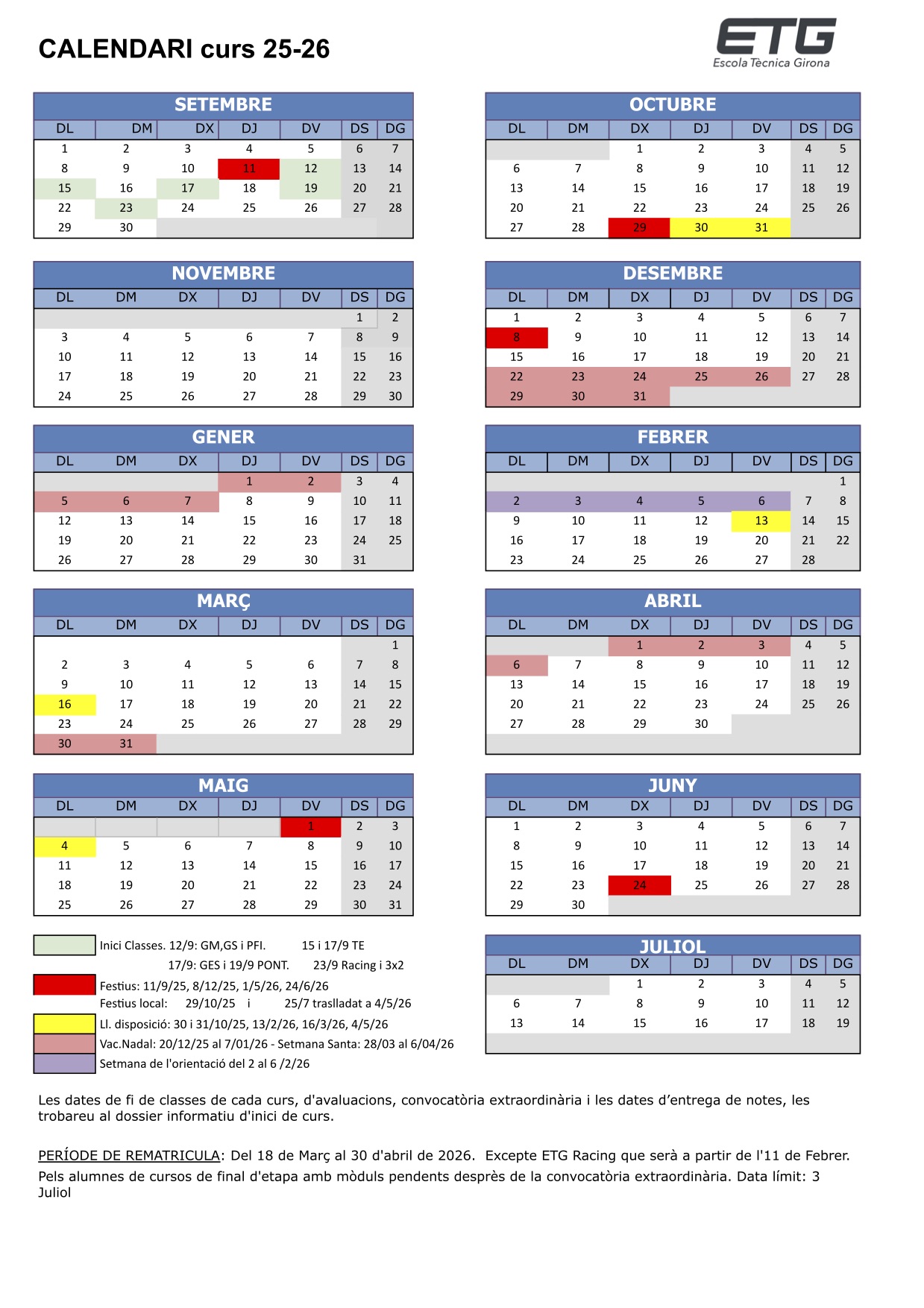 ETG: Calendari curs 2025 - 26